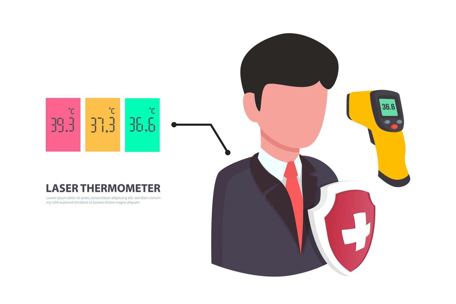 ilustración plana simple que muestra el signo de verificación de la temperatura corporal durante el brote de covid-19. vector