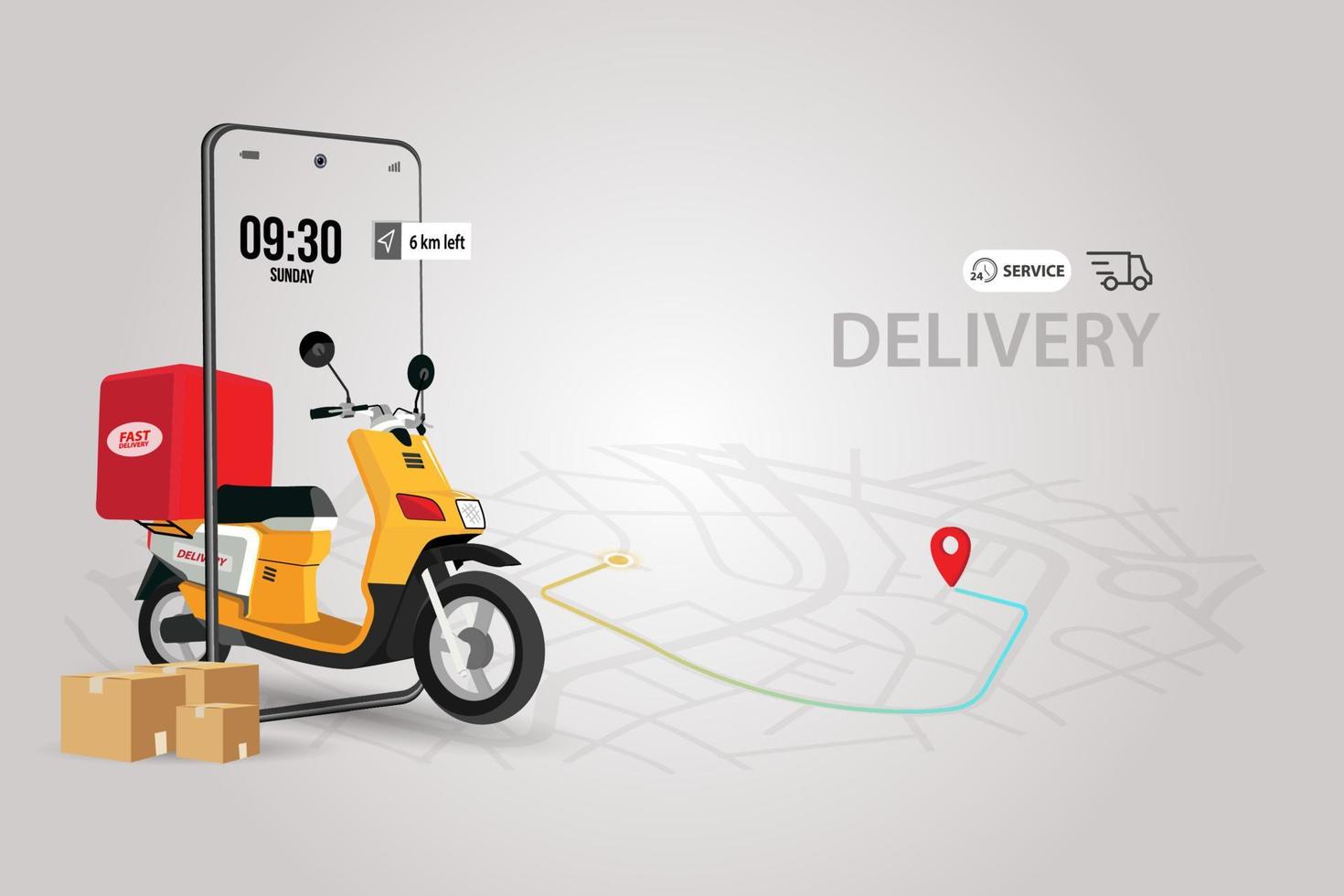 Food delivery app on a smartphone tracking a delivery on a moped with a ready meal, technology and logistics concept, city skyline in the background vector