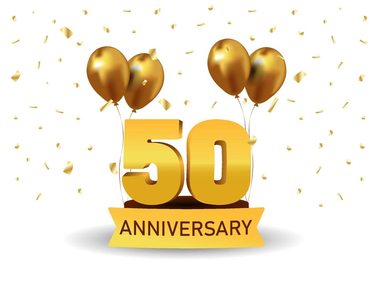 Números de oro del 50 aniversario con confeti dorado. plantilla de fiesta de evento de aniversario de celebración. vector