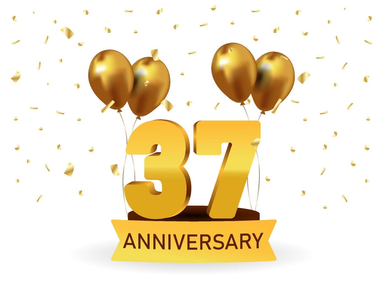 37 Anniversary gold numbers with golden confetti. Celebration anniversary event party template. vector