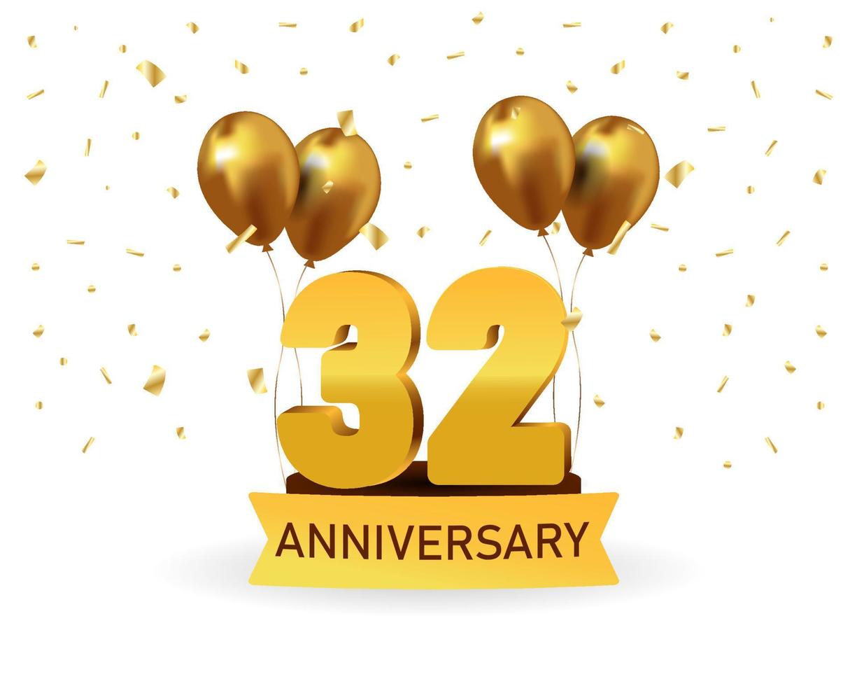 32 Anniversary gold numbers with golden confetti. Celebration anniversary event party template. vector