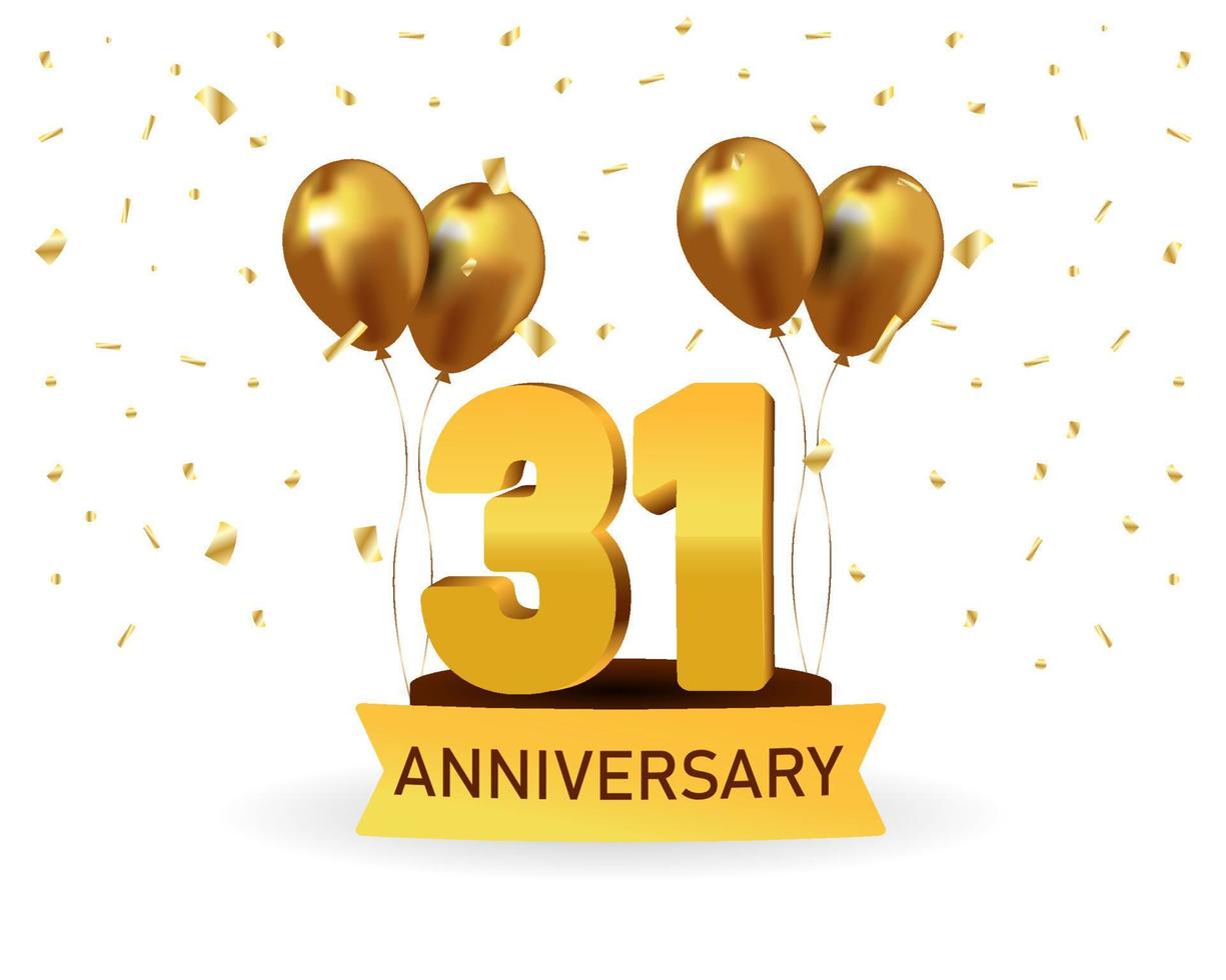 31 Anniversary gold numbers with golden confetti. Celebration anniversary event party template. vector