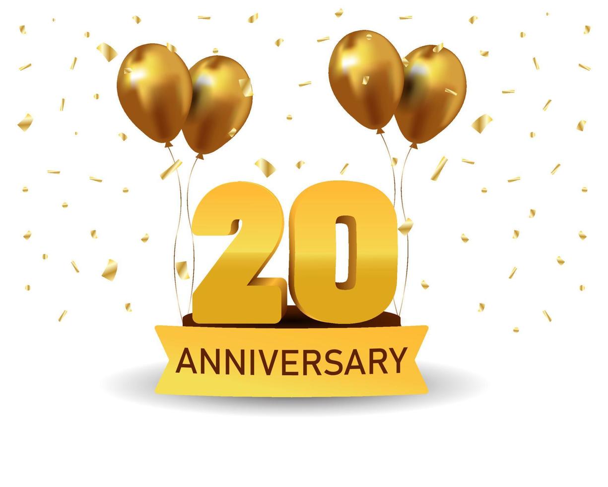 20 Anniversary gold numbers with golden confetti. Celebration anniversary event party template. vector
