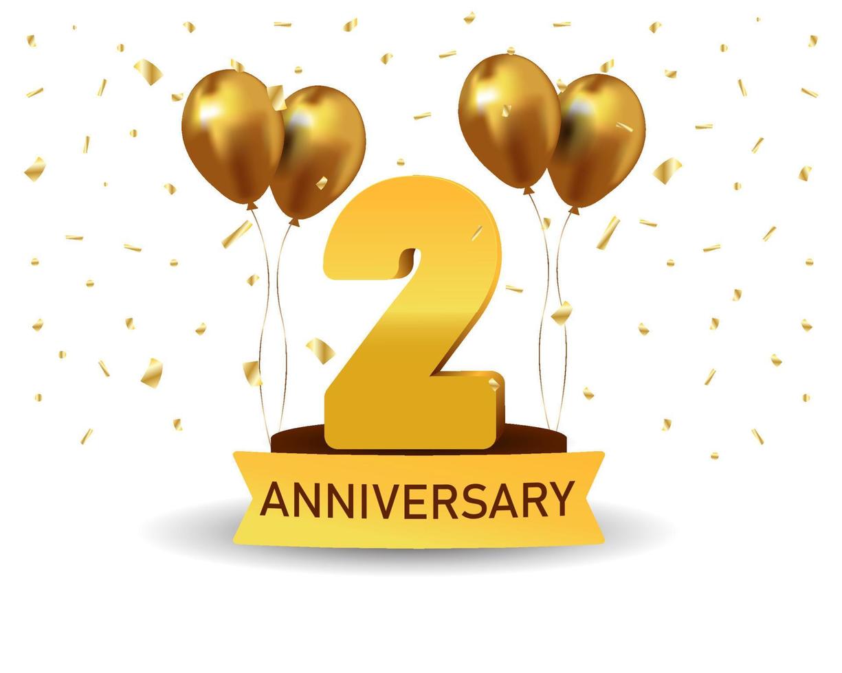 2 Anniversary gold numbers with golden confetti. Celebration anniversary event party template. vector