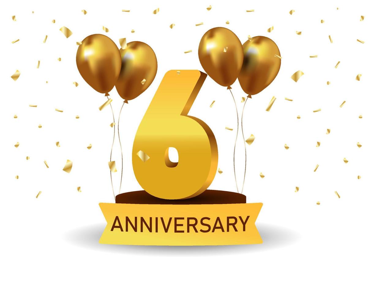 6 Anniversary gold numbers with golden confetti. Celebration anniversary event party template. vector