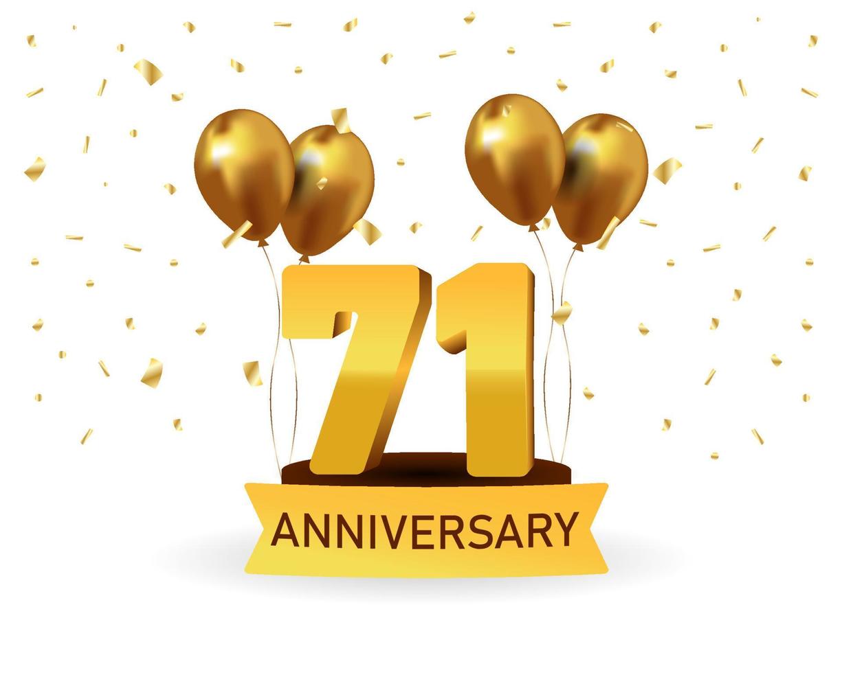 71 Anniversary gold numbers with golden confetti. Celebration anniversary event party template. vector