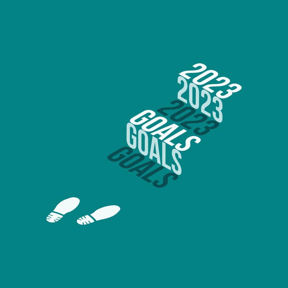 2023 goals Isometric stairs text effect with footprints isolated on green background, Vector Illustration.