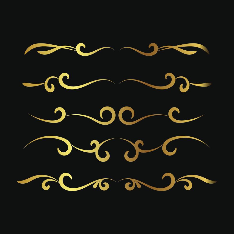 Hand drawn golden filigree dividers. Ornate swirl borders. Vector isolated gold fancy separators. Classic wedding invitation calligraphic lines.