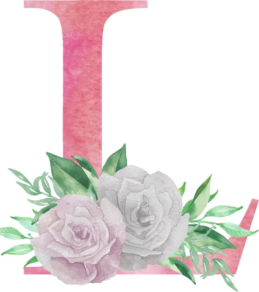 acuarela letra l con flores y hojas. letra mayúscula rosa floral l para invitaciones de boda, tarjeta de felicitación, logotipo vector