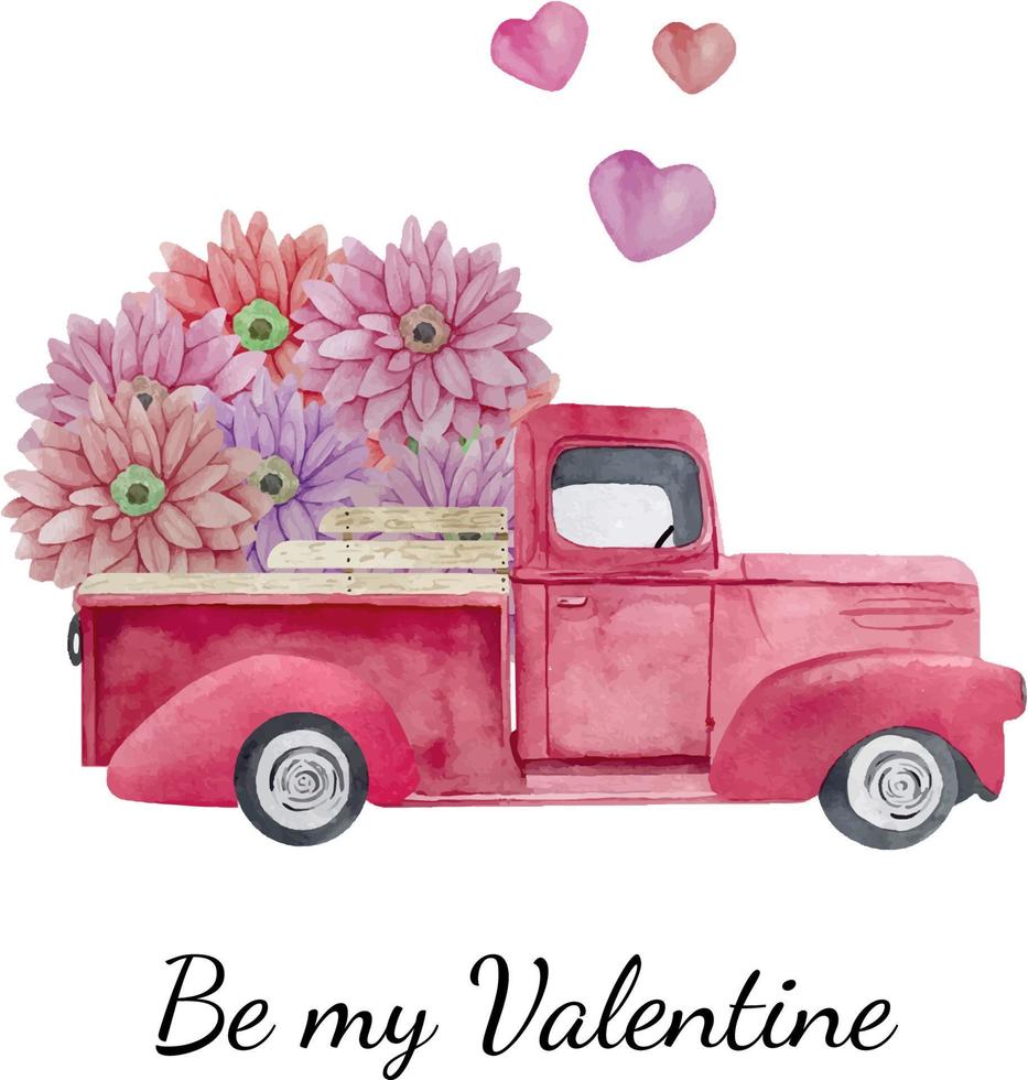 Watercolor Valentine's day card with retro truck with flowers and balloons. Valentine's day pink car illustration with flowers and hearts. Romance watercolor car. vector