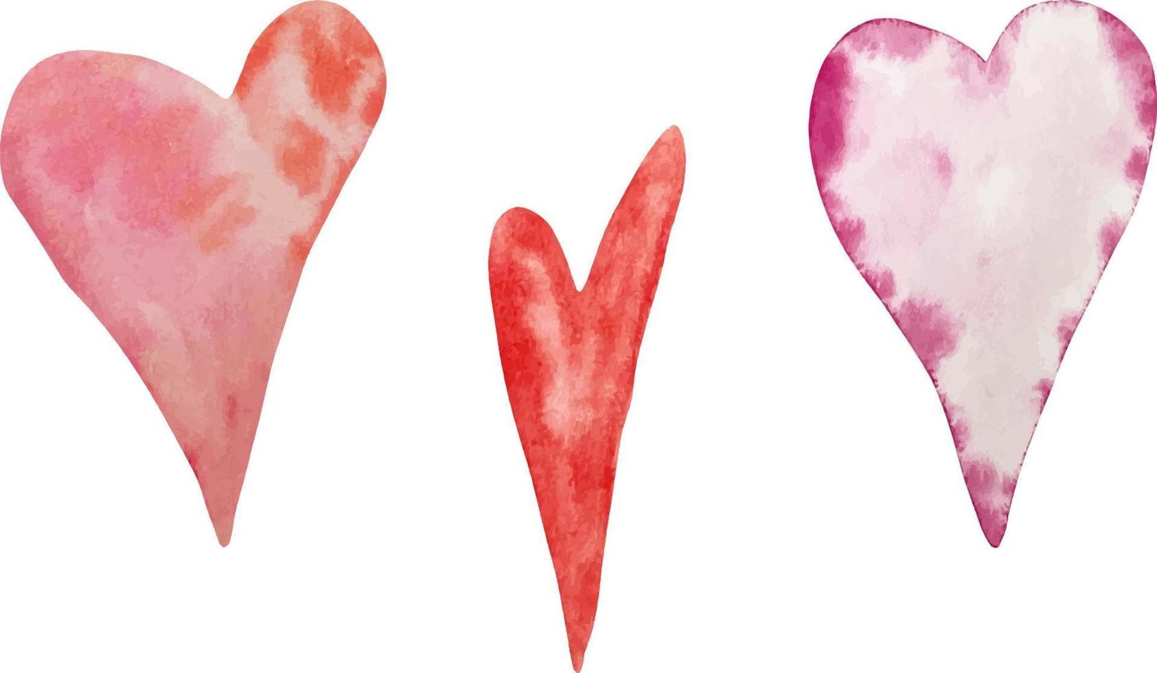 Watercolor set of pink, purple and red hearts for St Valentines Day vector