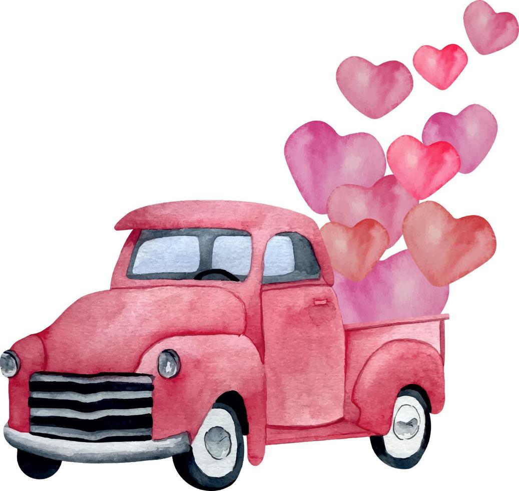 Watercolor retro truck with balloons. Valentine's day truck illustration with pink car, flowers and hearts. Romance watercolor car. vector