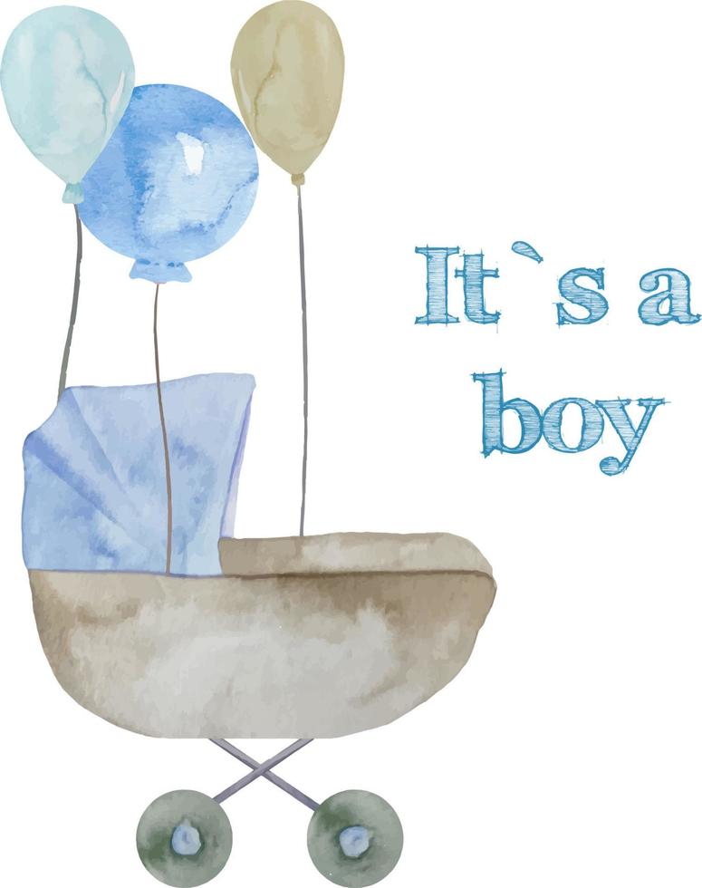 Watercolor baby boy blue stroller with balloons illustration. Its a boy set vector