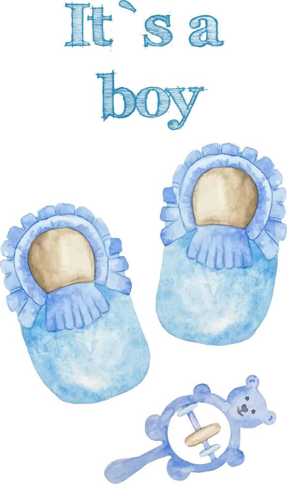 Watercolor baby boy shower set. Its a boy theme with shoes and pacifier. Its a boy illustration vector