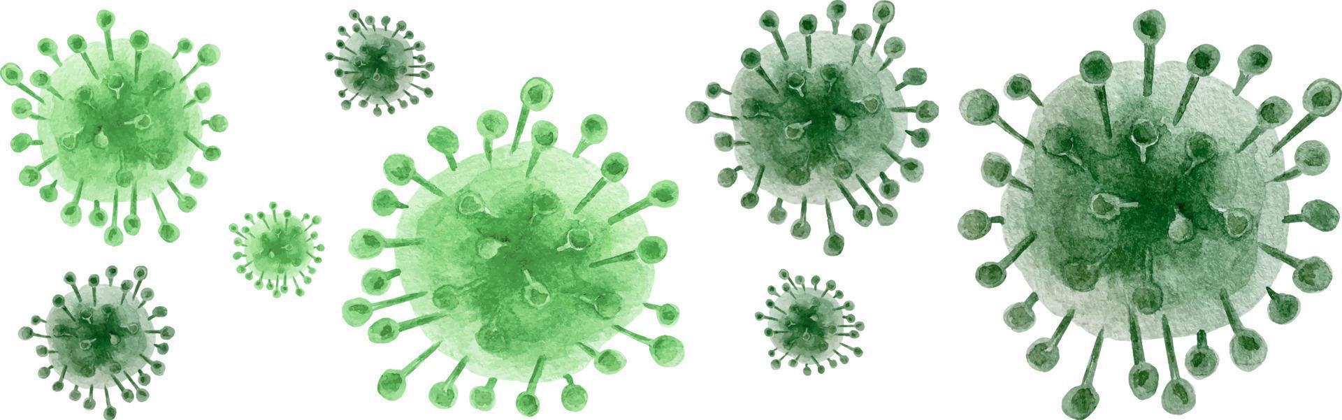 célula de coronavirus acuarela. un conjunto de tres imágenes estilizadas de virus. virus verde con manchas y trazos. vector