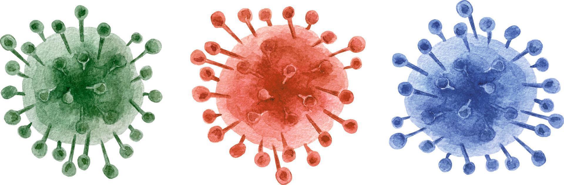 Watercolor coronavirus cell. A set of three stylized images of viruses. Red, green and blue virus with spots and strokes. vector