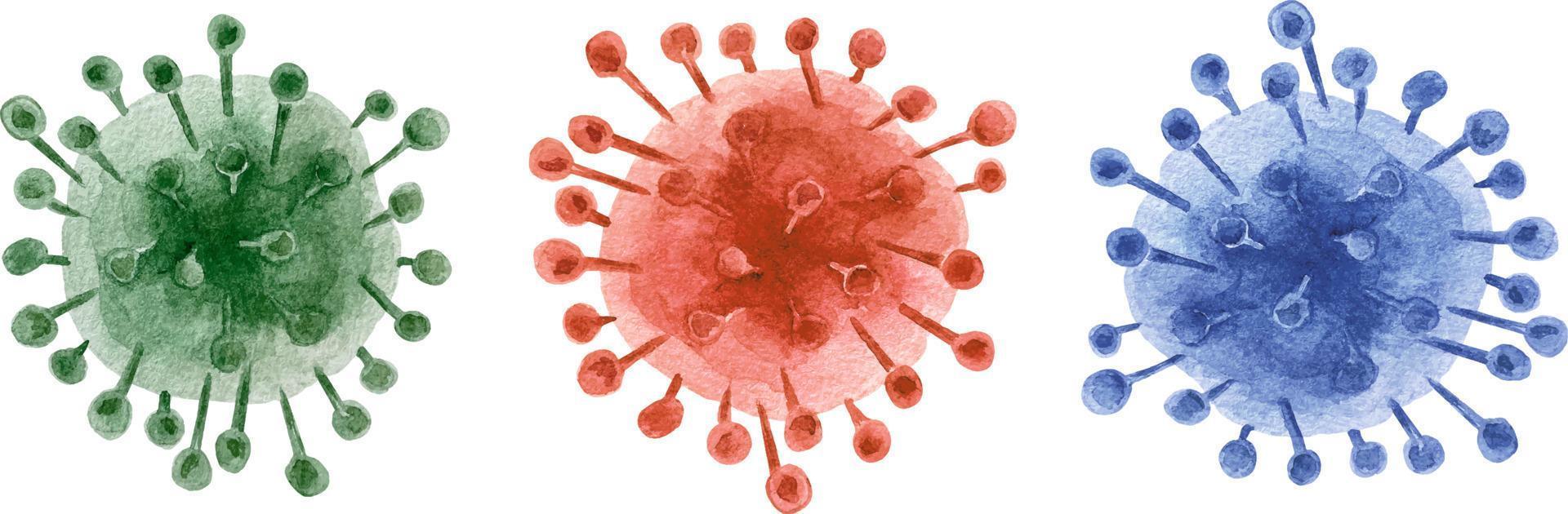 célula de coronavirus acuarela. un conjunto de tres imágenes estilizadas de virus. virus rojo, verde y azul con manchas y trazos. vector