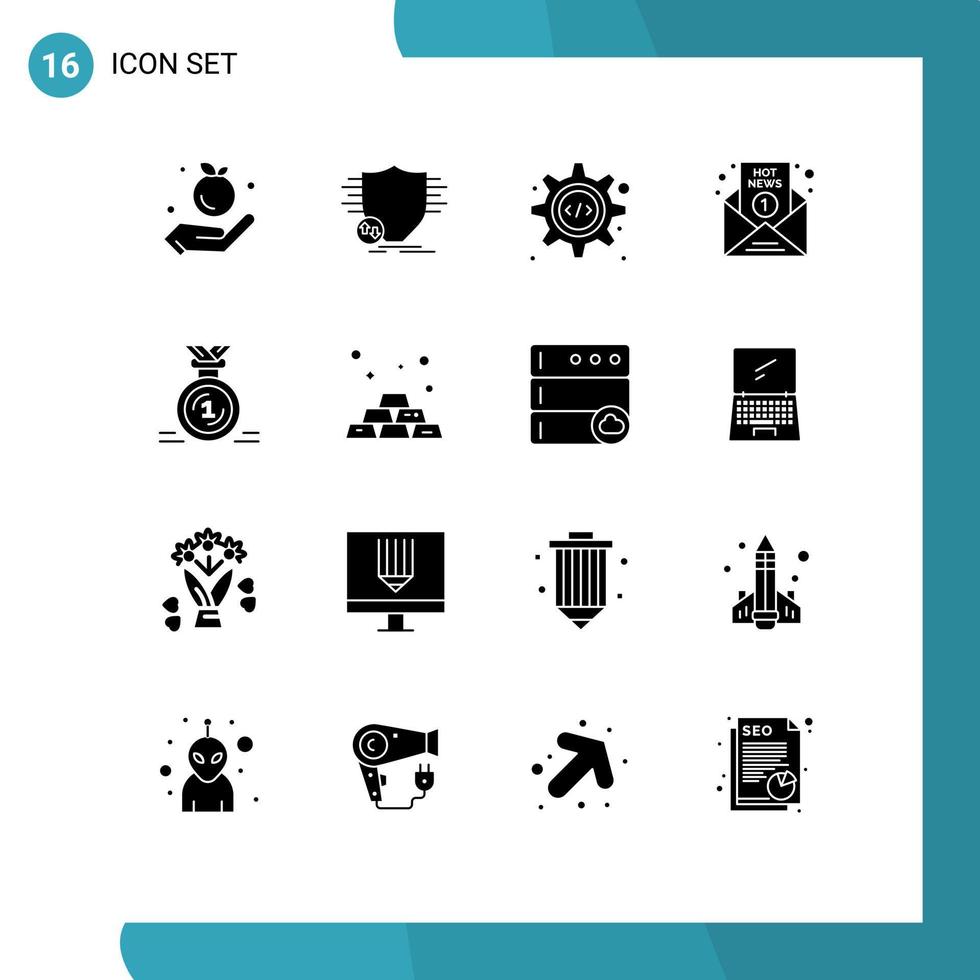 grupo de 16 signos y símbolos de glifos sólidos para noticias de premios medios html noticias de última hora elementos de diseño de vectores editables