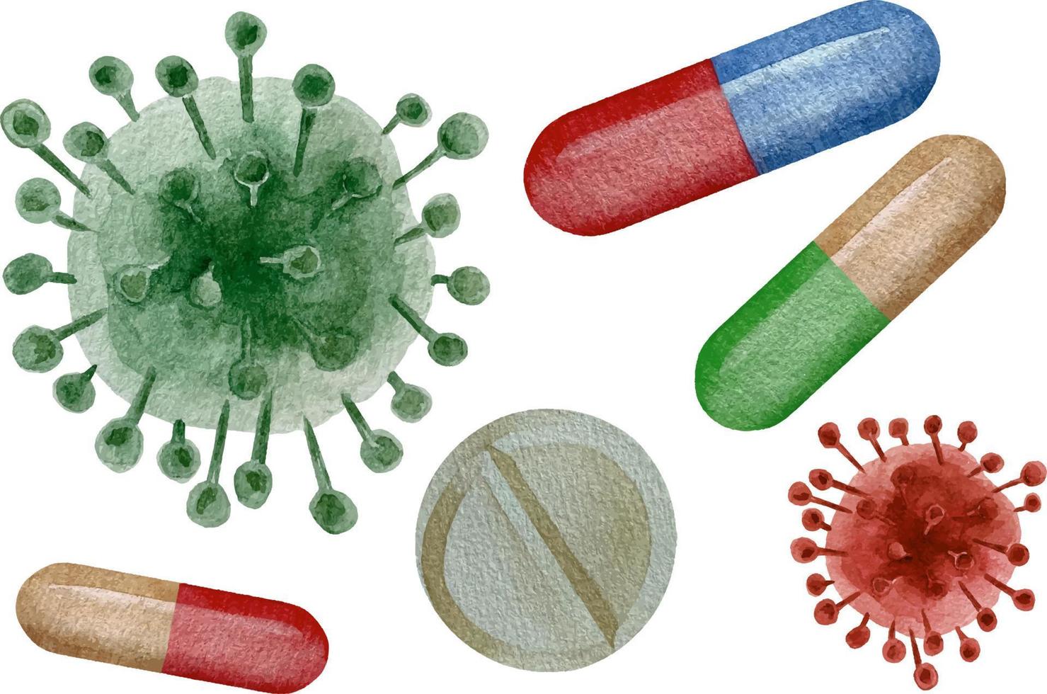 acuarela verde covid-19 virus y tabletas vector