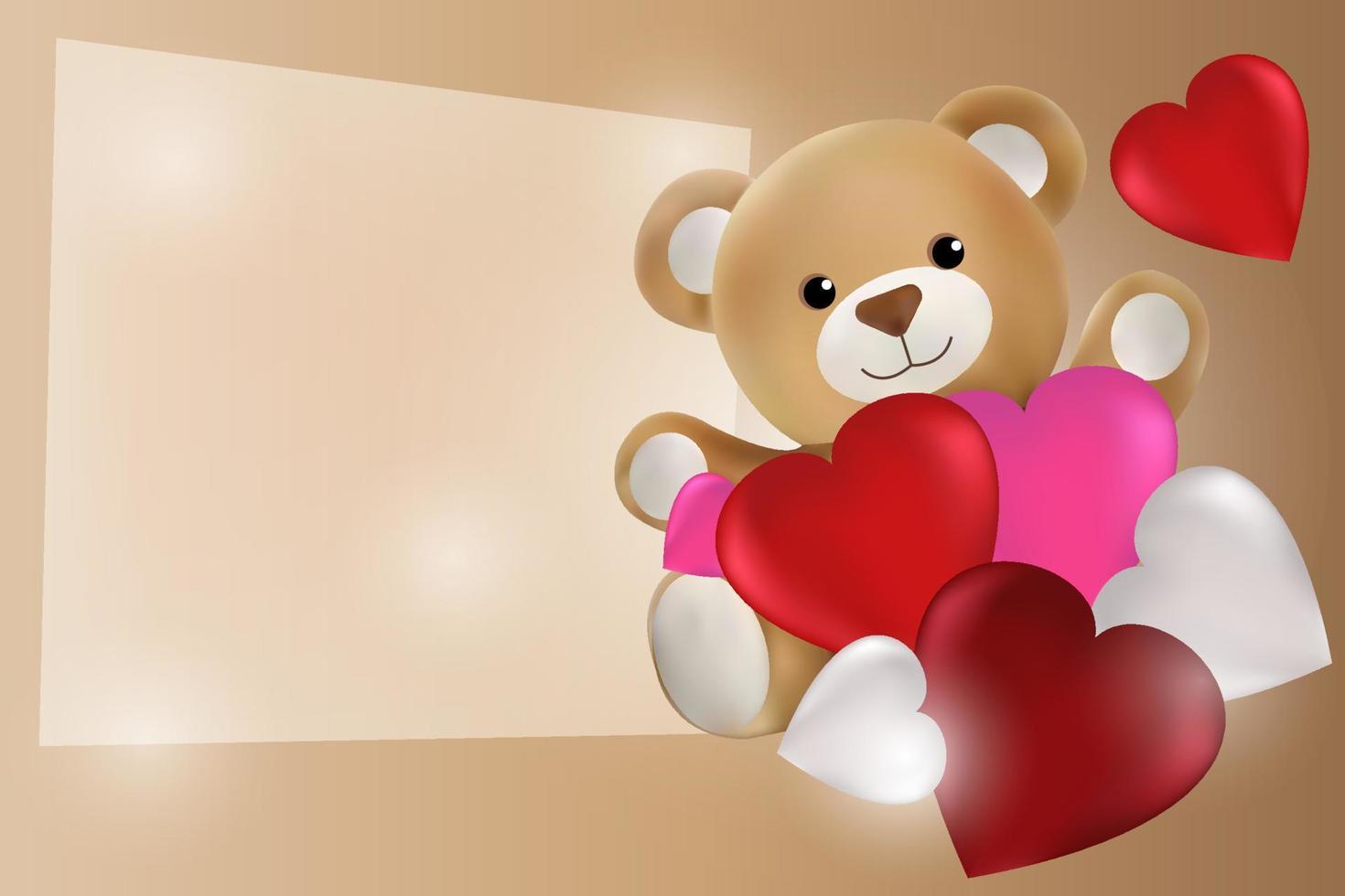 Teddy bear with colorful hearts and a piece of paper with copy space. Valentine's Day concept. Universal holiday background. Vector image