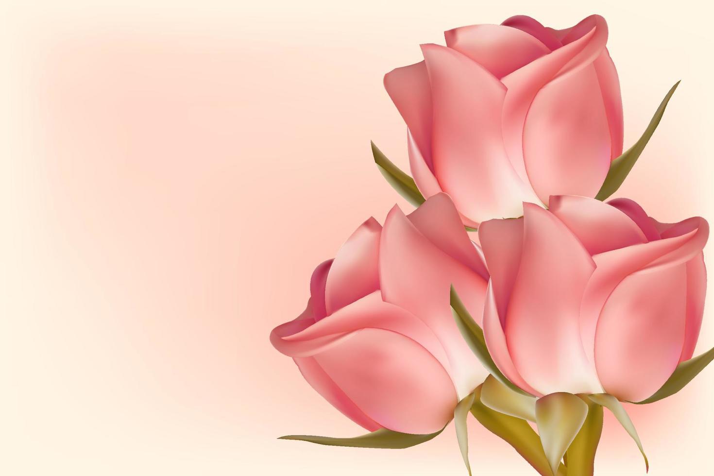 tres rosas rosas sobre un fondo claro con espacio para copiar. concepto para el día de san valentín, cumpleaños, día de la madre, día de la mujer. fondo universal de vacaciones. imagen vectorial vector