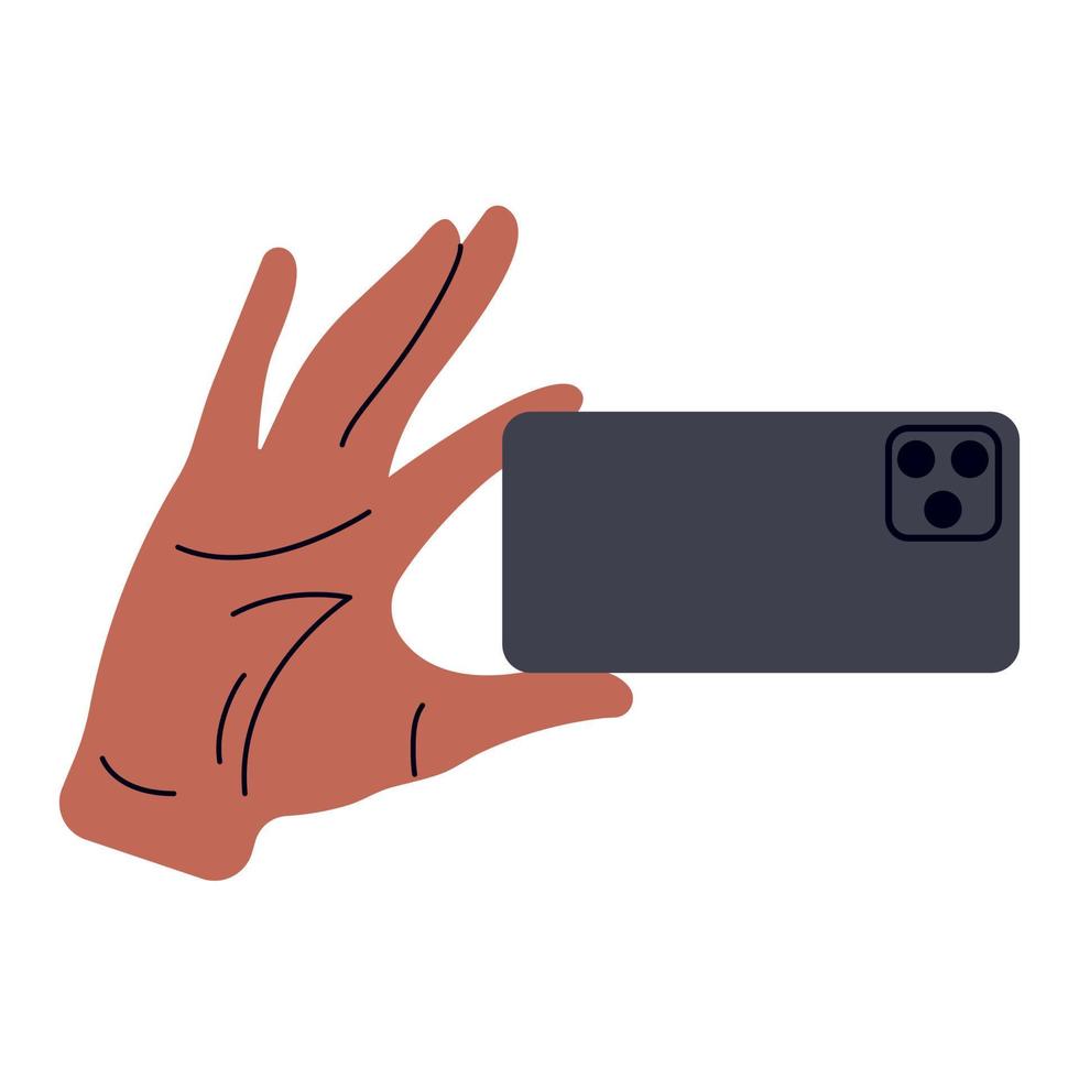 mano de hombre afroamericano sosteniendo teléfono móvil, vista trasera. ilustración vectorial plana aislada sobre fondo blanco vector