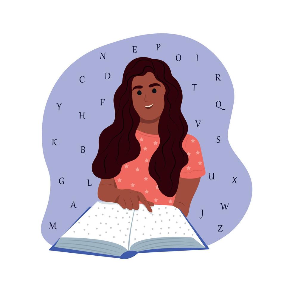 National Reading Day in America. We read together. A young smiling African American woman is holding and reading a very interesting book. ABC vector