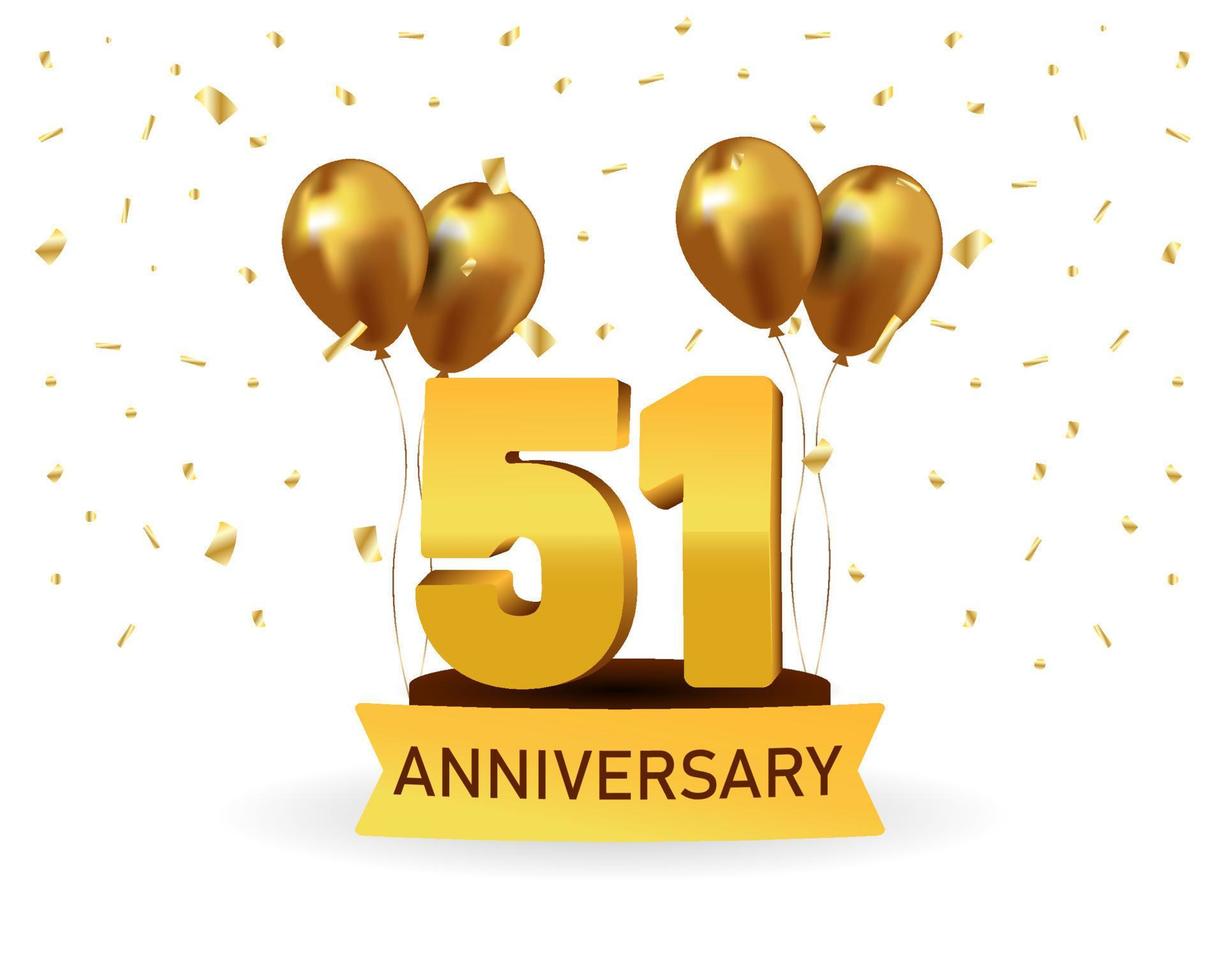 51 Anniversary gold numbers with golden confetti. Celebration anniversary event party template. vector