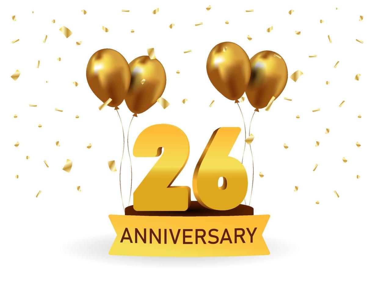 26 Anniversary gold numbers with golden confetti. Celebration anniversary event party template. vector