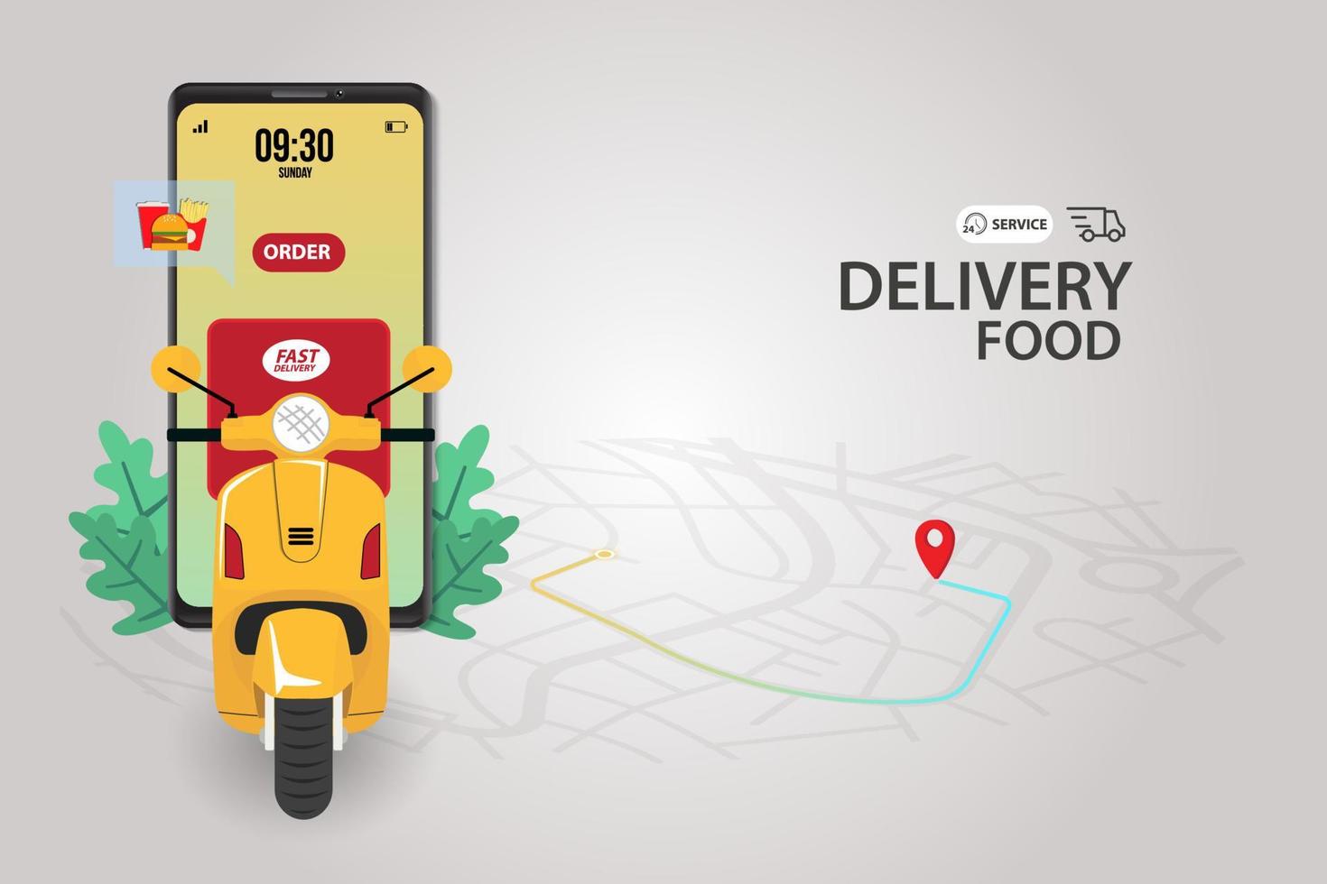 Fast delivery by scooter on mobile. E-commerce concept. Online food order infographic. Webpage, app design. vector