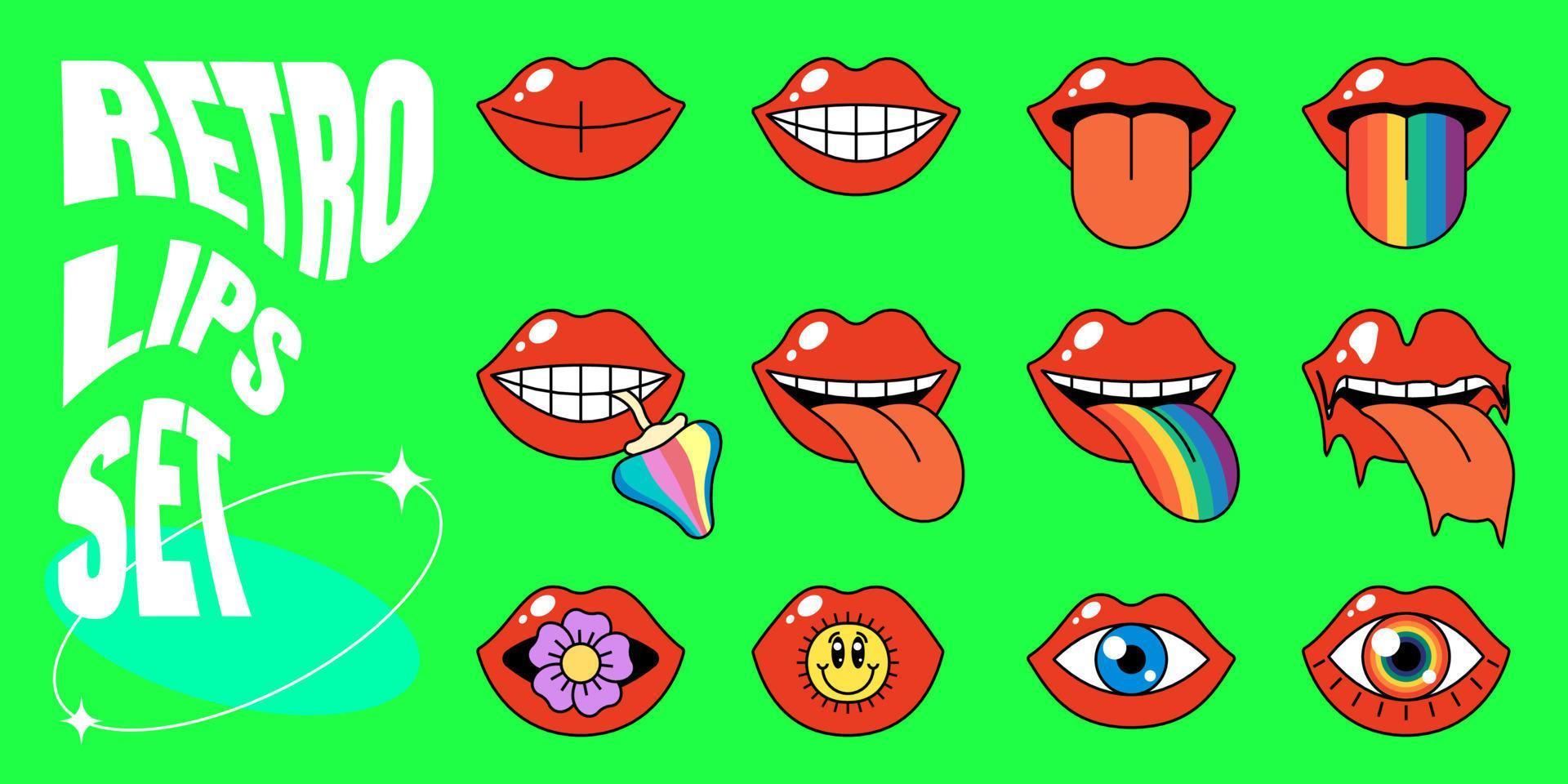 Retro open mouth with red sensual lips set. Psychedelic hippie style tongue sticking out with rainbow, flower and mushroom. Vintage hippy style crazy various mimic emotion and facial expressions. Eps vector