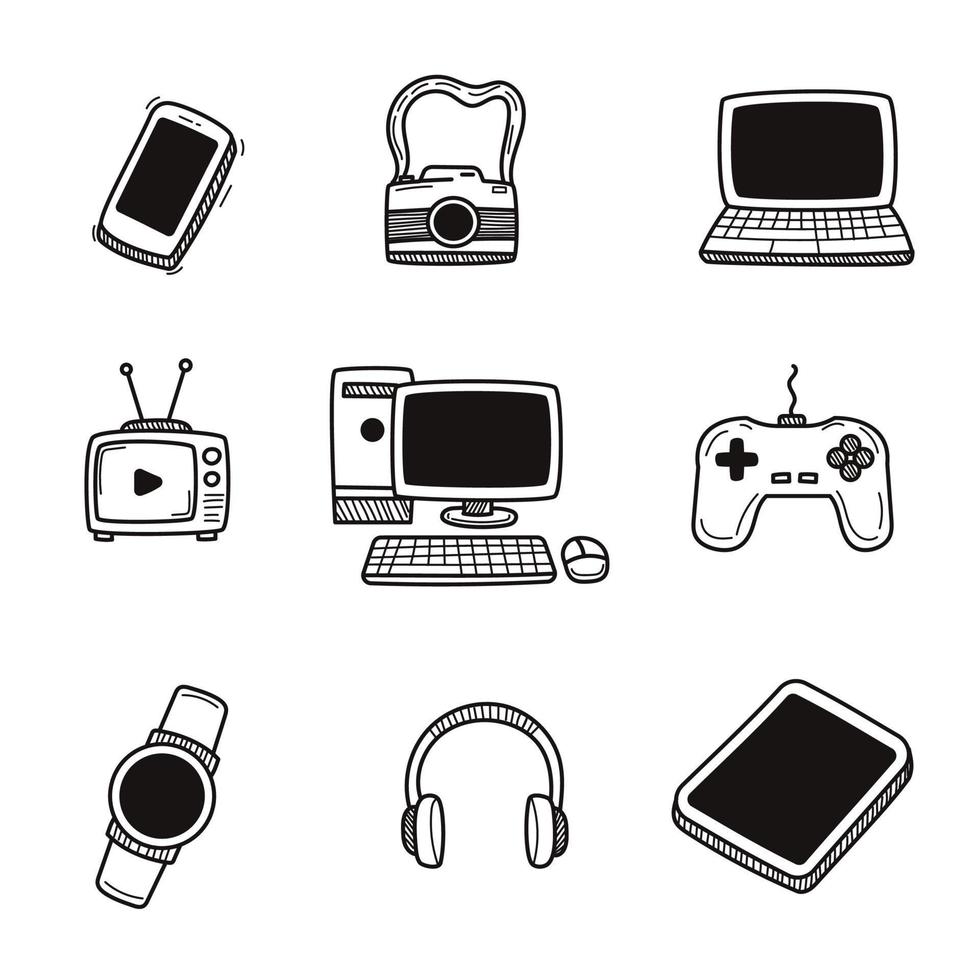 Set of devices icons with doodle style isolated on white background vector
