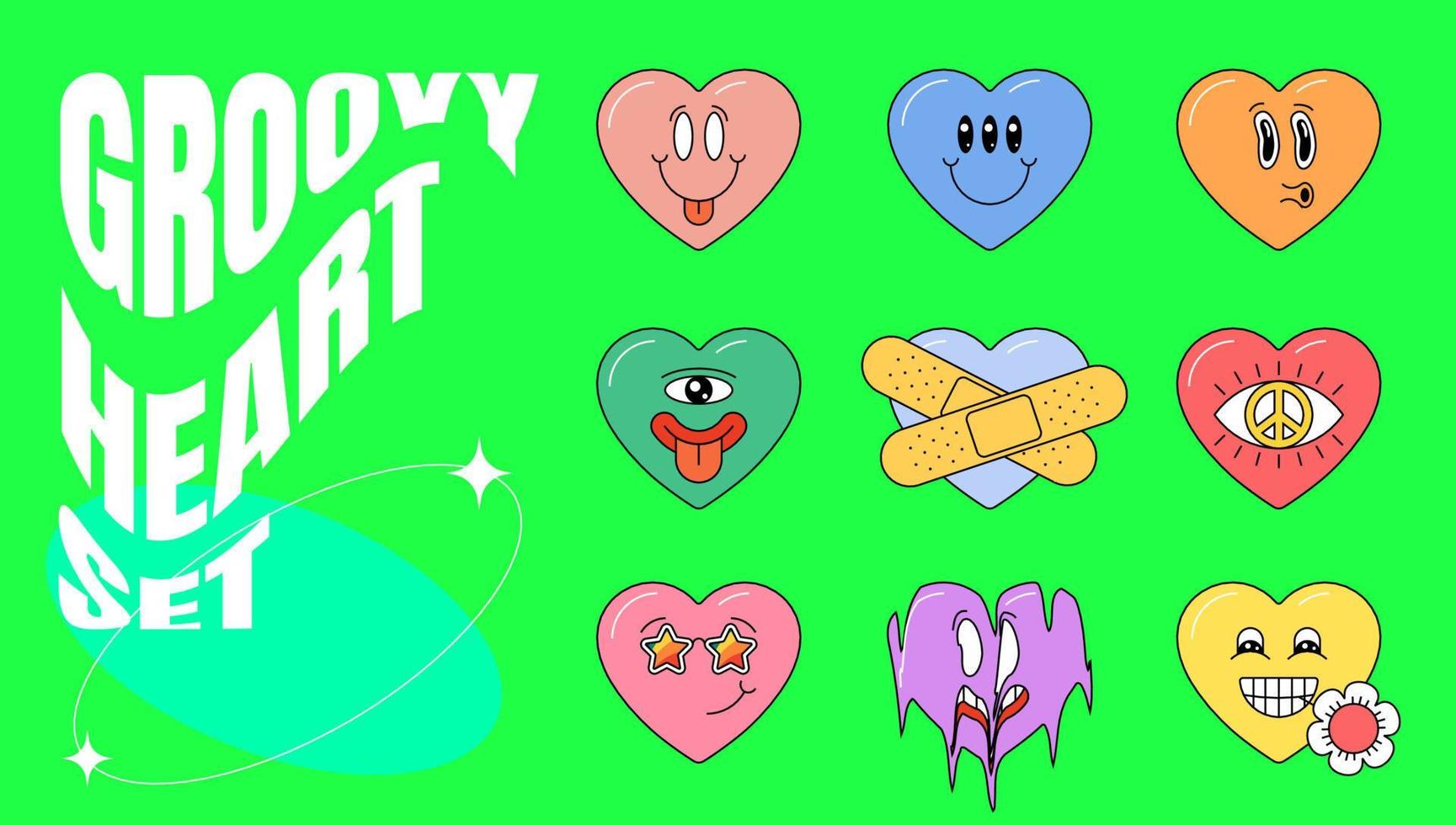 Retro groovy style lovely heart shape set. Psychedelic hippie crazy love cartoon character collection. Abstract vintage hippy various emoji valentines day sticker pack. Emoticon trendy y2k eps mascots vector