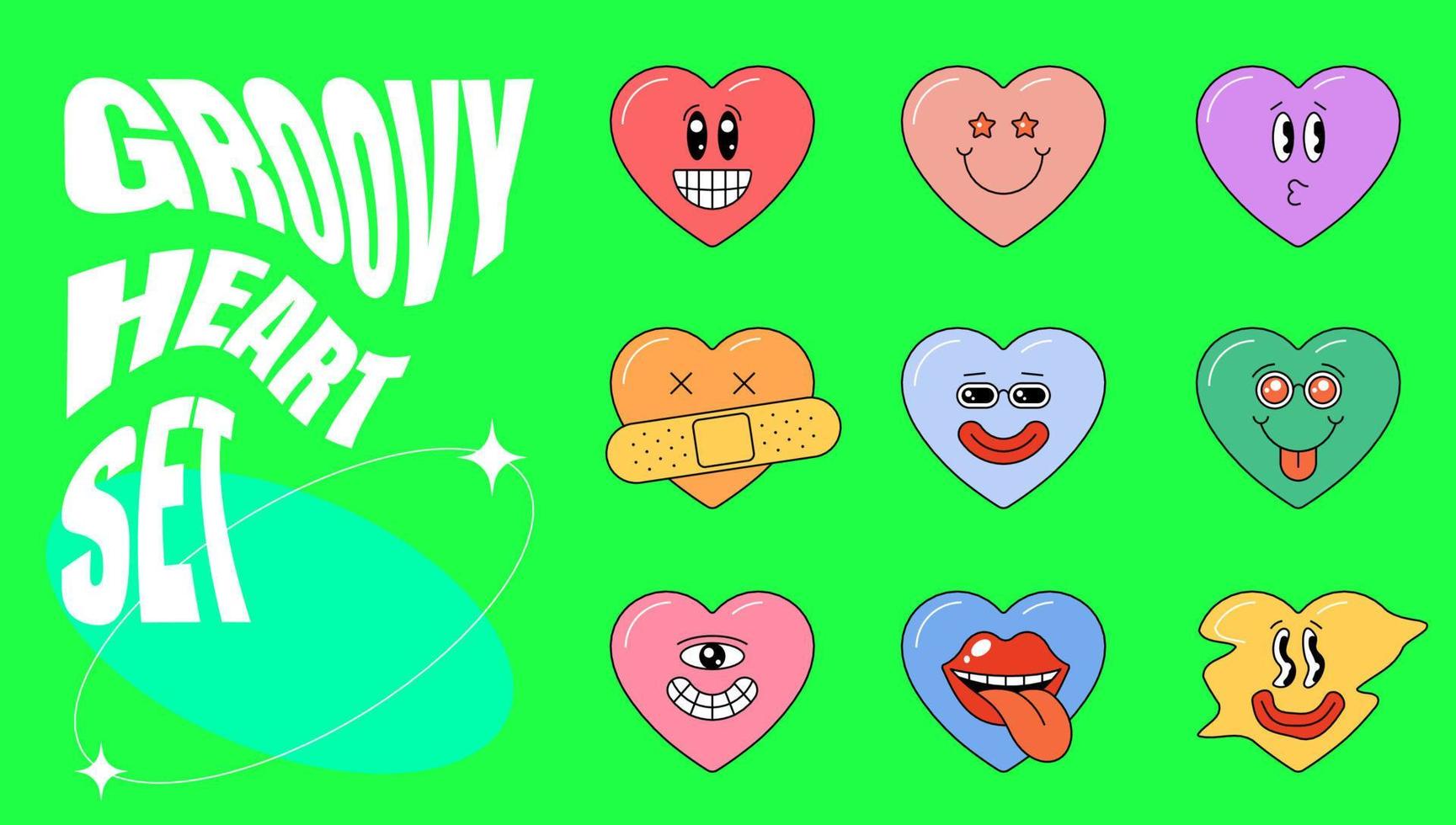 Formas encantadoras del corazón del estilo cómico maravilloso retro. concepto de colección de personajes de amor loco hippie psicodélico. paquete de pegatinas vintage hippy varios emoji día de san valentín. emoticon mascotas resumen y2k eps conjunto vector