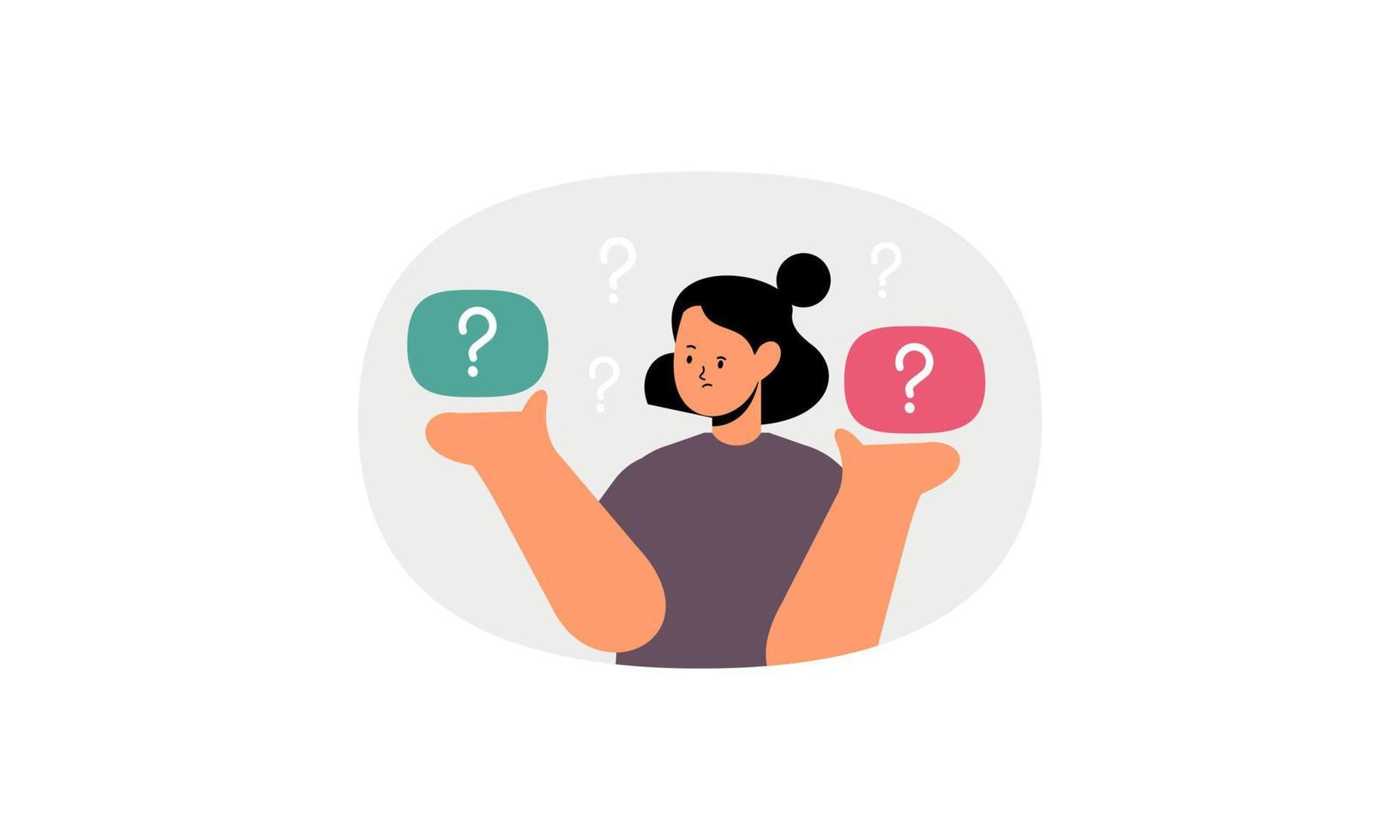 Choice between two options concept. Dilemma concept. Puzzled questioned man doubting, deciding, choosing, comparing alternatives, risks. vector