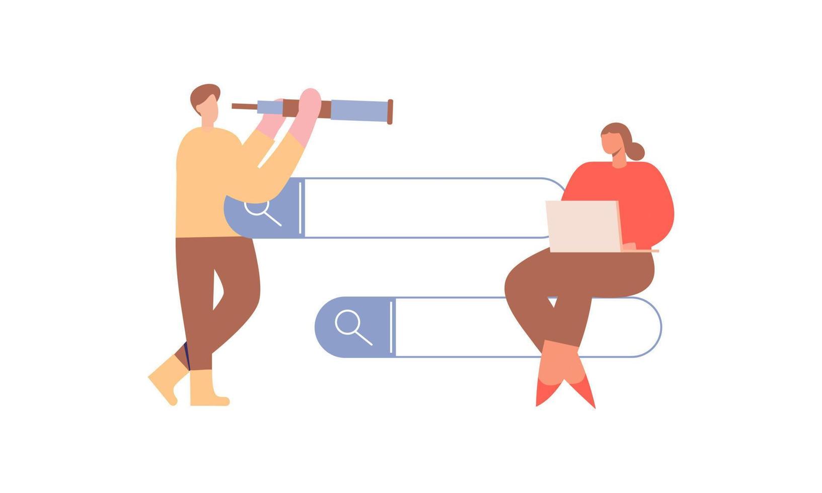 Search bars and people browsing online information, surfing internet. Characters look for and find query in web browser vector