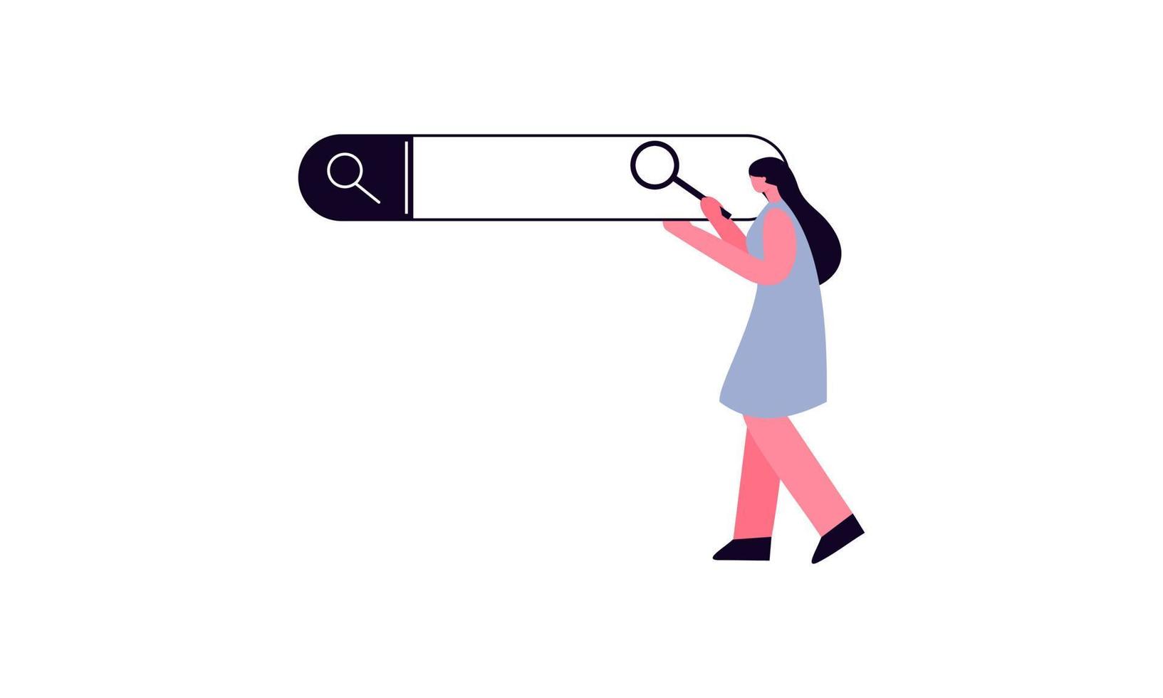 Search bars and people browsing online information, surfing internet. Characters look for and find query in web browser vector
