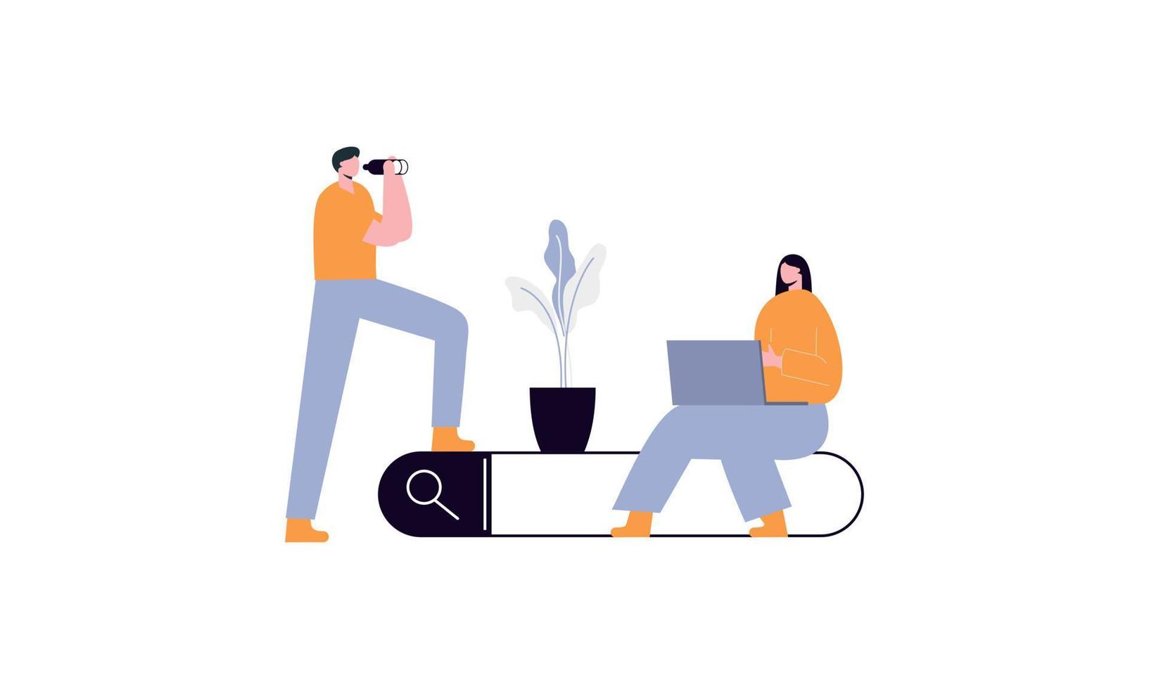 Search bars and people browsing online information, surfing internet. Characters look for and find query in web browser vector