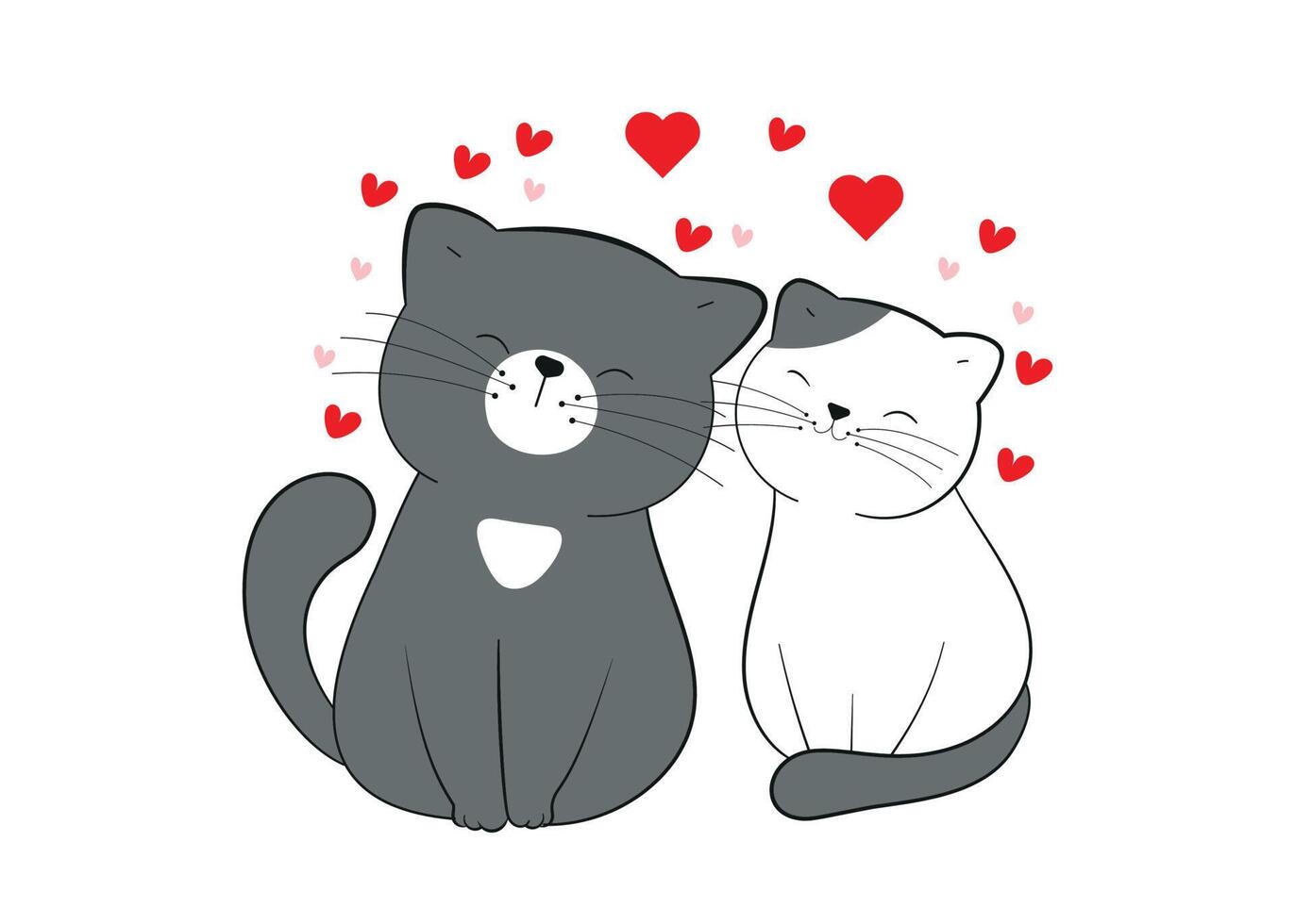 Los gatos amorosos dibujan la ilustración del concepto de San Valentín en el fondo blanco. vector