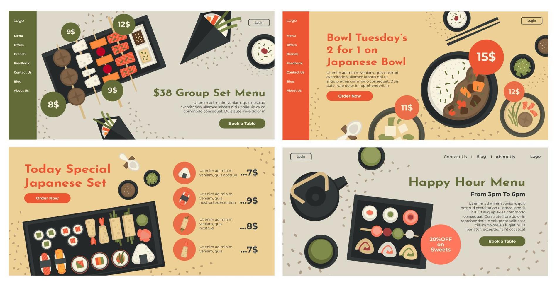 Japanese food menu offer at web page design set vector