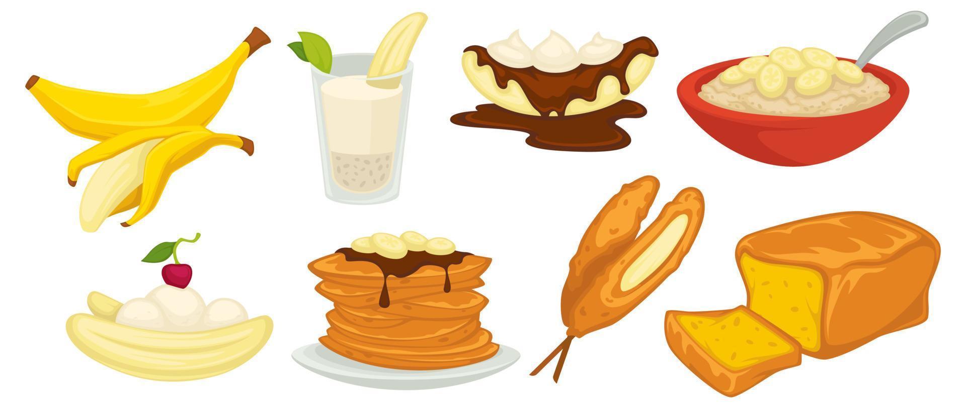 Banana desserts and sweets, bread and porrisge vector