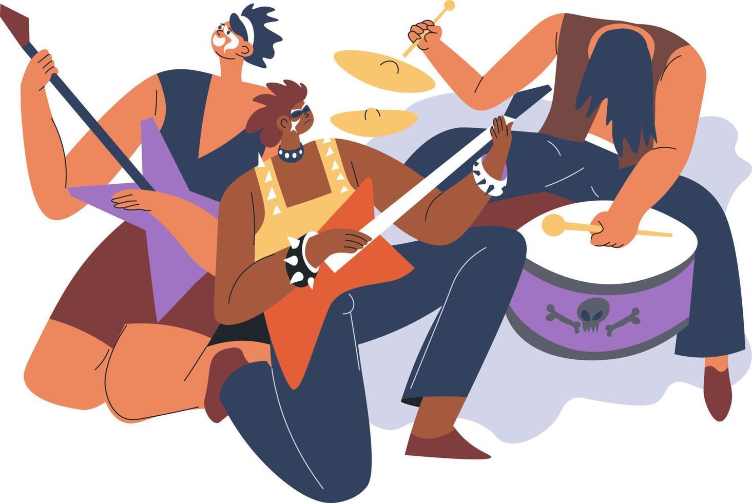 People playing in rock or alternative music band, using musical instrument for songs. Guitar and bass, drums and solo. Stage performers, rehearsal or scene live concert. Vector in flat style