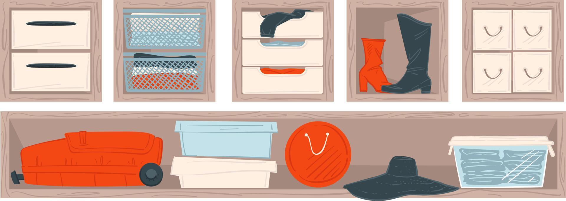 Wardrobe shelves with clothes and accessories vector