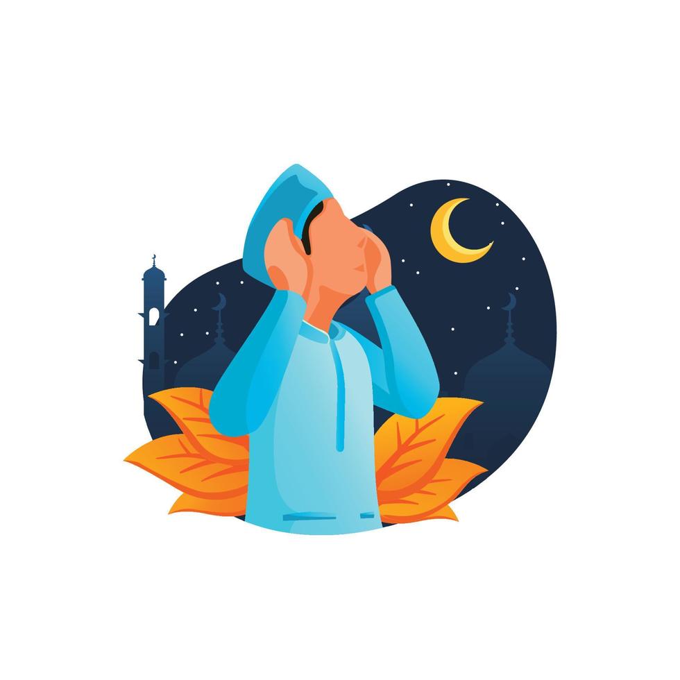 un hombre está haciendo adzan por la noche, un llamado para que los musulmanes recen durante el ramadán - ilustración vectorial. vector