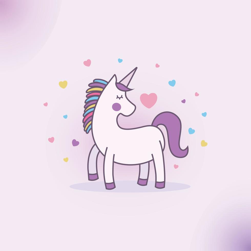 Unicorn illustration design with colorful heart shape decoration. vector