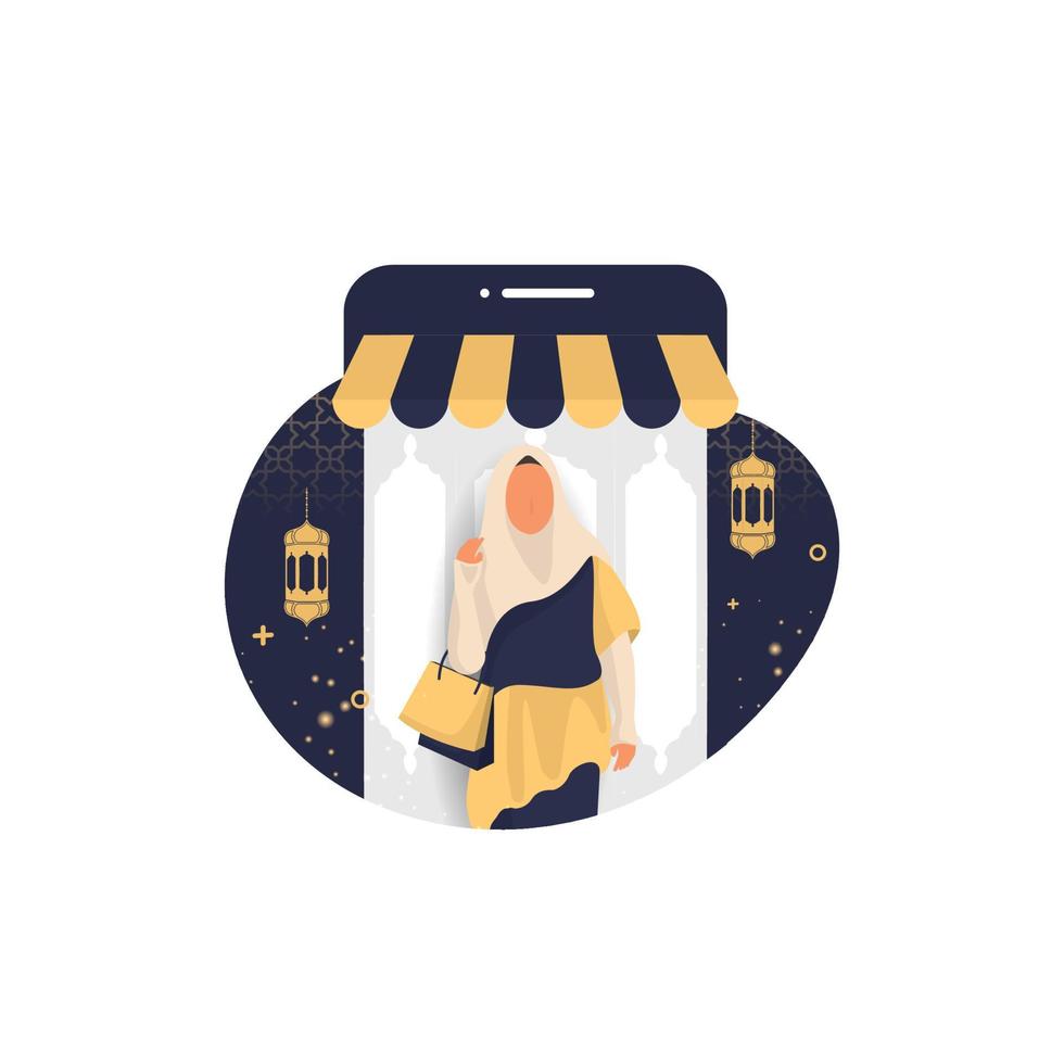 mujer de diseño plano en la tienda, diseño de promoción de plantilla de banner de descuento de venta de ramadán para negocios, mes sagrado islámico de ramadán kareem. vector