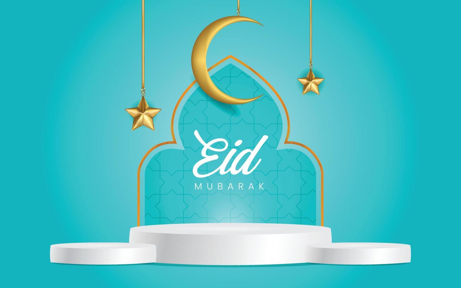 Ramadan Background in Blue Color, Star and Moon Ornaments with a Stand for the Product in the center Suitable for the Product Template - Eid Mubarak. vector