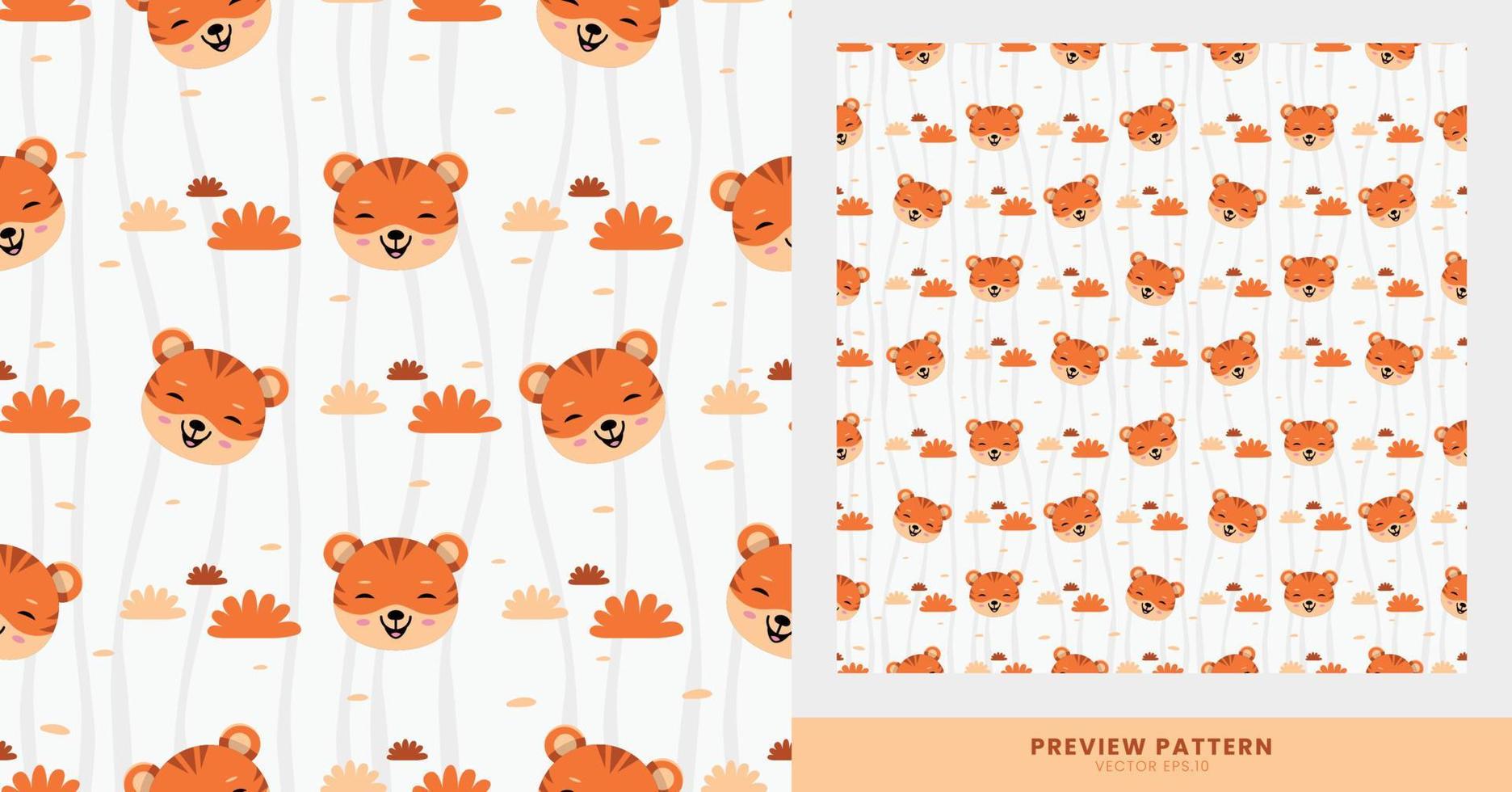 Cute tiger animal pattern with bush ornaments, the pattern is suitable for children can be used for clothes, wall decorations, design backgrounds, etc. vector