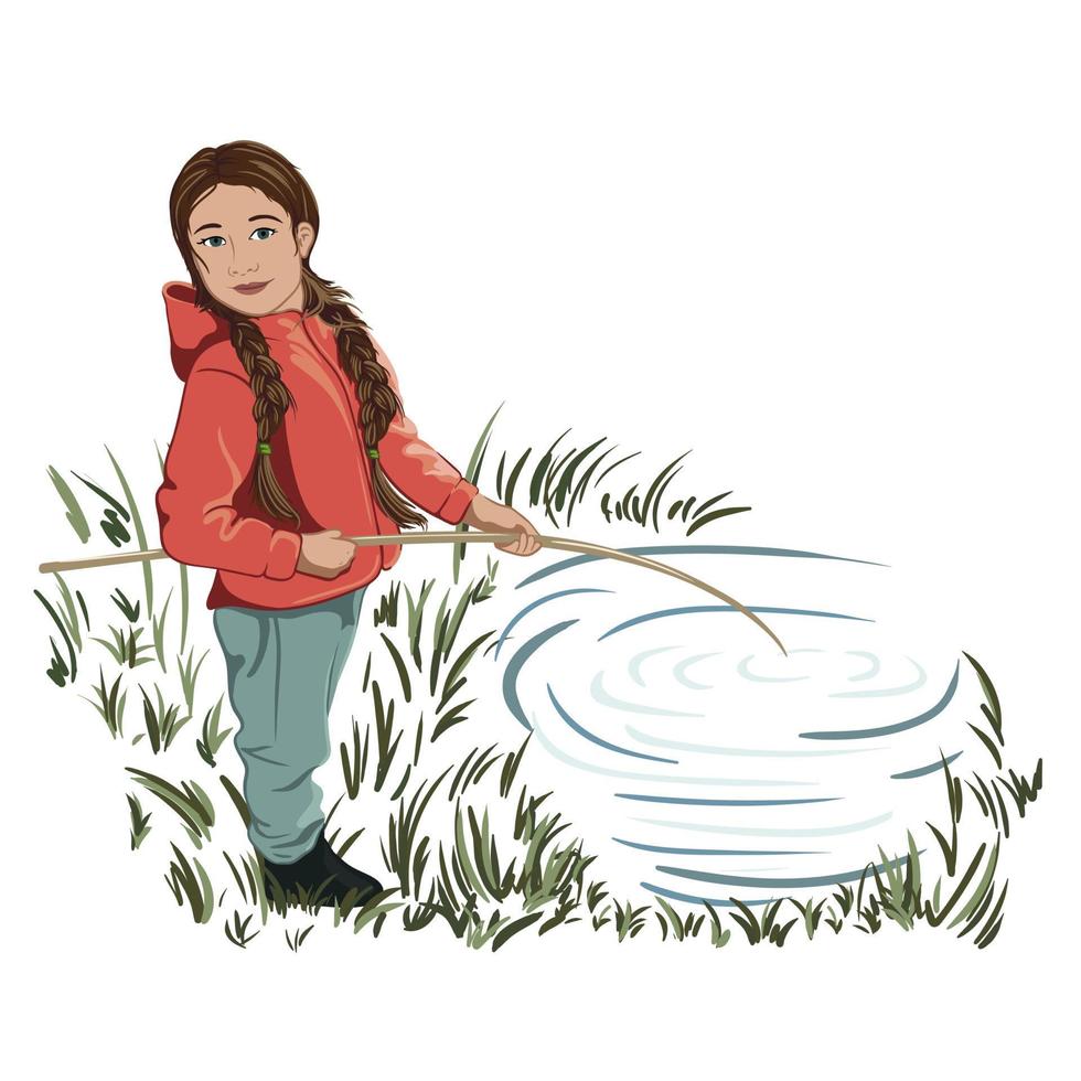 girl with pigtails plays, fishes in the pond. vector realistic illustration