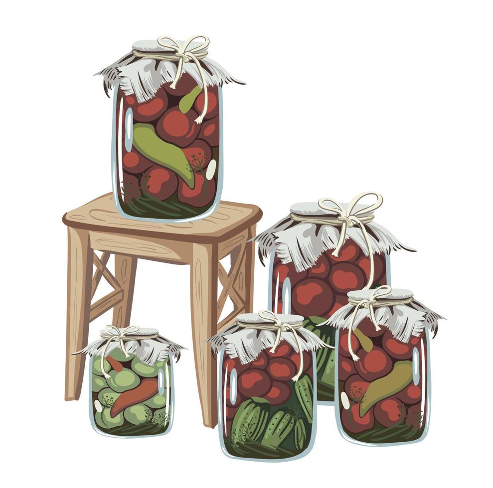 composition with preparations for the winter. vintage jars with canned vegetables, cucumbers, green tomatoes, red tomatoes. vector illustration